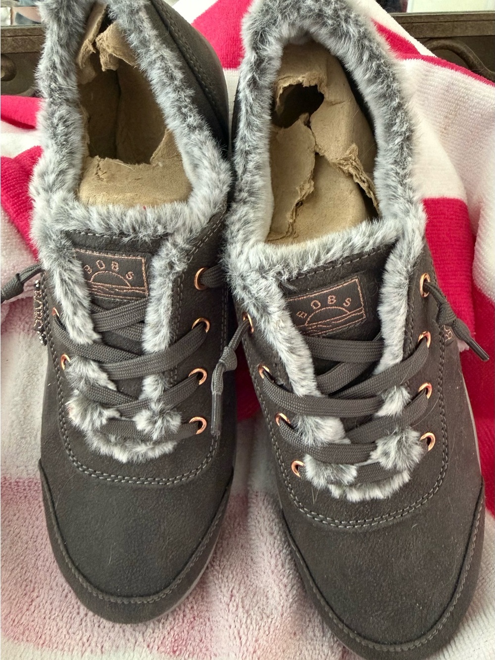 Skechers Gray Faux-Fur Trim Lace-Up Sneakers